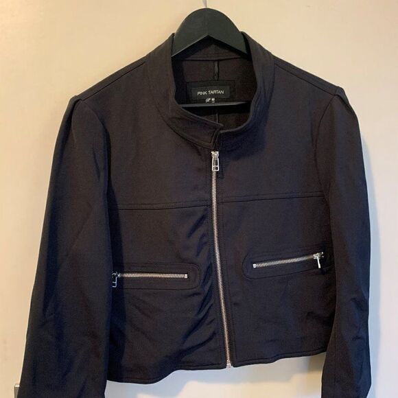 Pink Tartan short black jacket, EUC Sz 10, lots of detail, body con with stretch - Picture 1 of 16